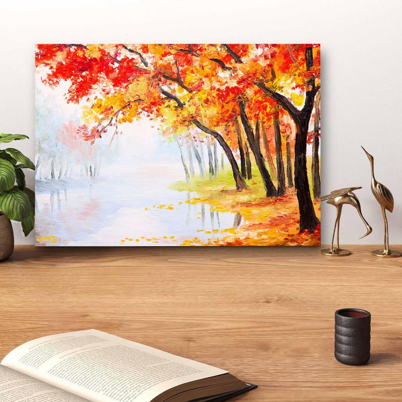 GADGETS WRAP Canvas Gallery Wrap Framed for Home Office Studio Living Room Decoration (14x11inch) - River Near Autumn Forest Painting