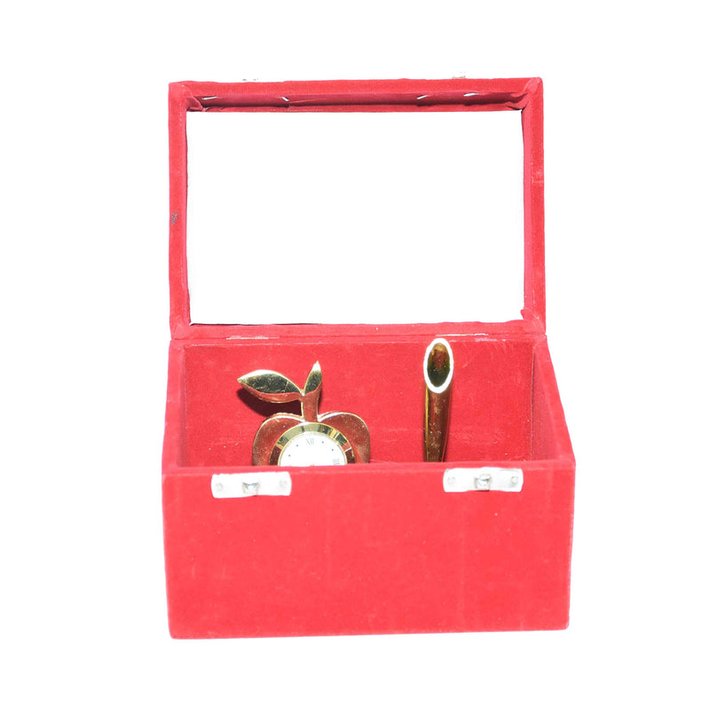 Msa Jewels Gold Plated Table Clock and Pen Holder with Red Velvet Box -Ideal Gift for Loved Ones