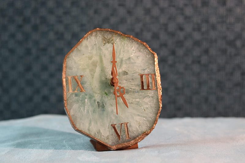 MARMEX Brand || Agate Table Clock in Natural Gemstone with Electroplated Copper Edge (Pure White)