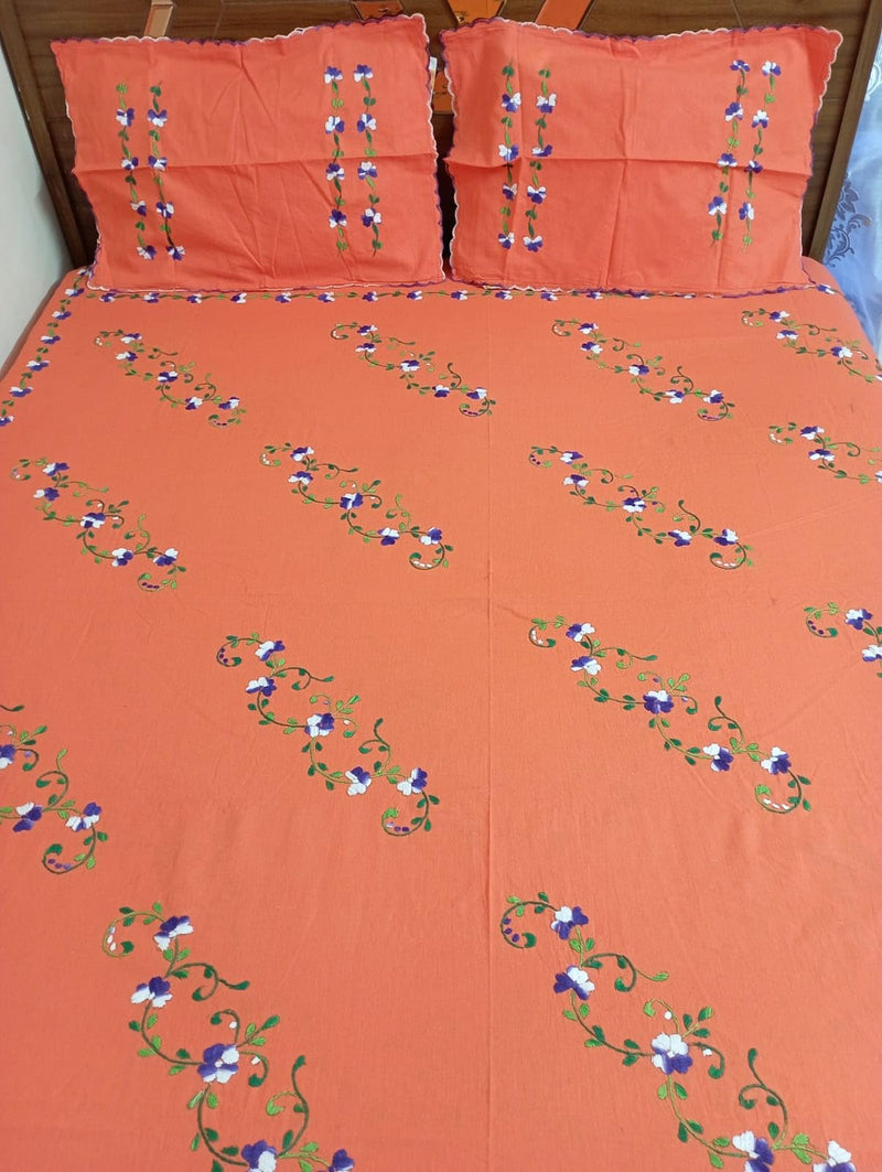 Nice Things Queen Size Double Bed Handwork Embroidery Bedsheets 200 Thread Count Orange