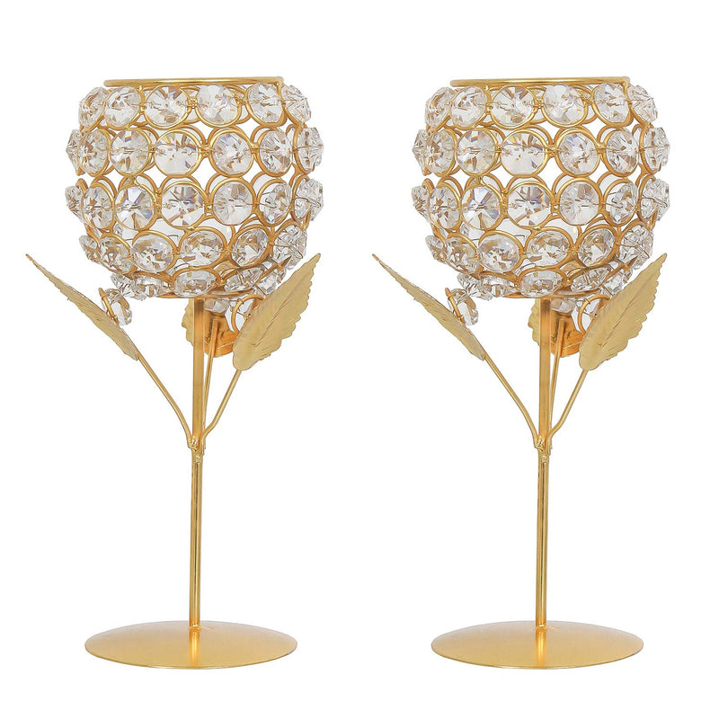 WebelKart New Premium Crystal Rose Brass Candle Holder for Decoration - Set of 2 (8.50 in) Candle Stand for Diwali