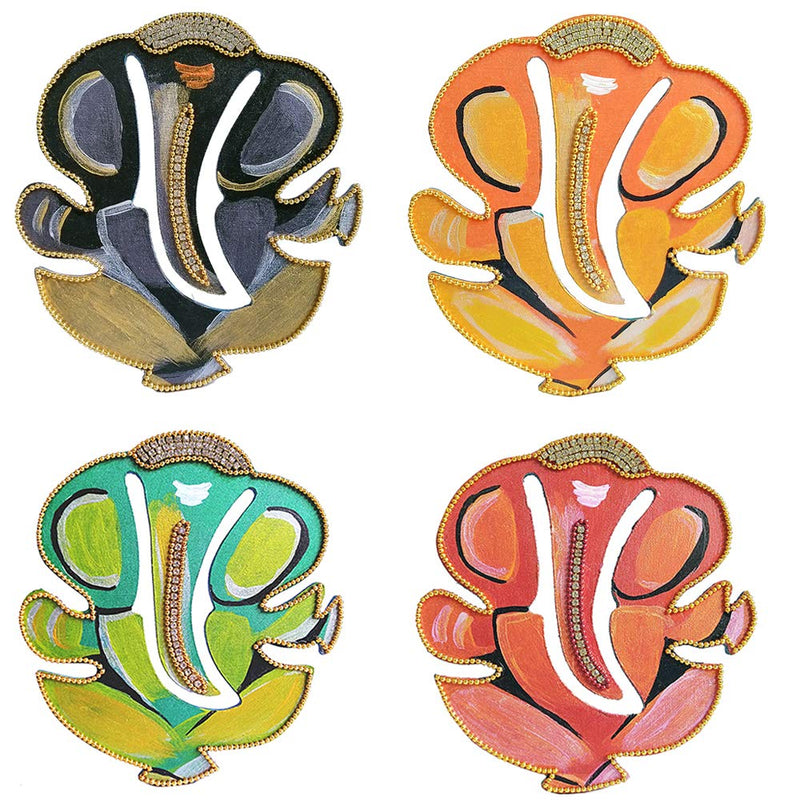 Dhanashree Creation Handmade Ganesha Wooden Magnet (Green,Orange,Red,Black) - Pack of 4