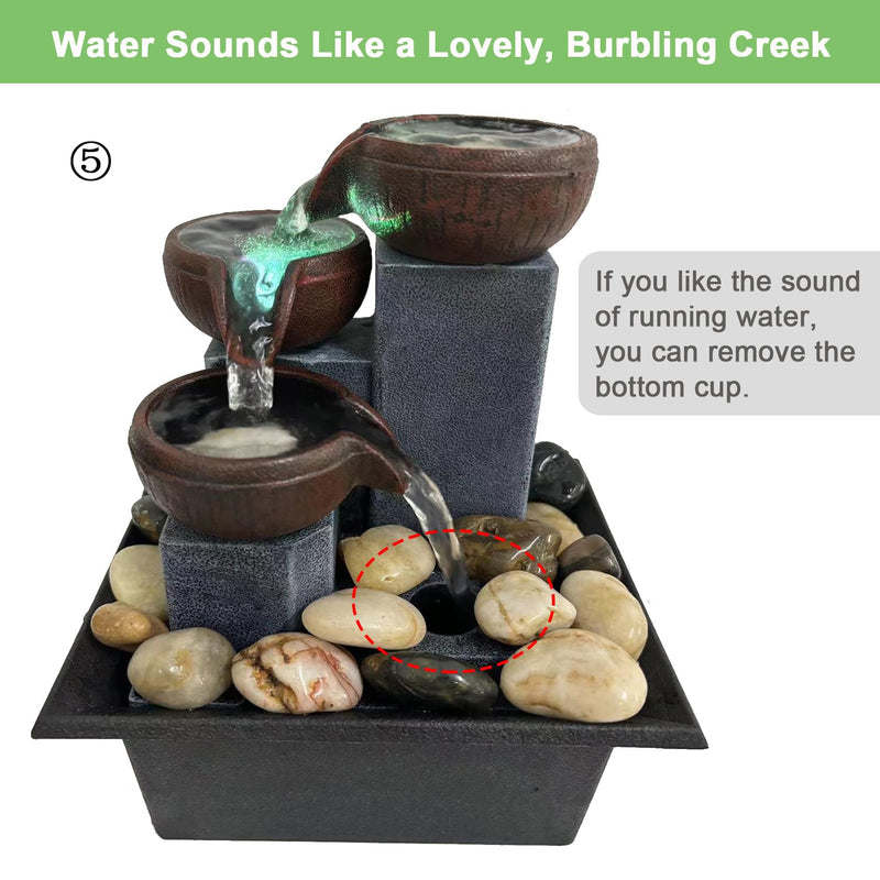 Small Tabletop Waterfall Fountain Zen Meditation Fountain Indoor Desktop Water Fountain with LED Light and Natural River Rocks for Office Home Bedroom