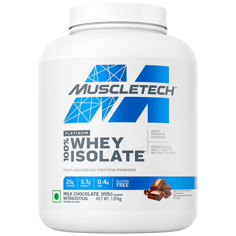 MuscleTech Platinum 100% Whey Isolate, Protein Powder for Muscle Gain, 25g Protein + 5.7g BCAA, Milk Chocolate, 4lb, 1.8kg