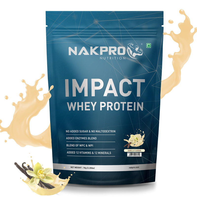 NAKPRO Impact Whey Protein 1kg | Isolate & Concentrate | 24g Protein & 4.9g BCAA | With Digestive Enzymes for better Absorption | Lab Tested 100% Authentic Supplement Powder & No Adulteration - Vanilla Flavour