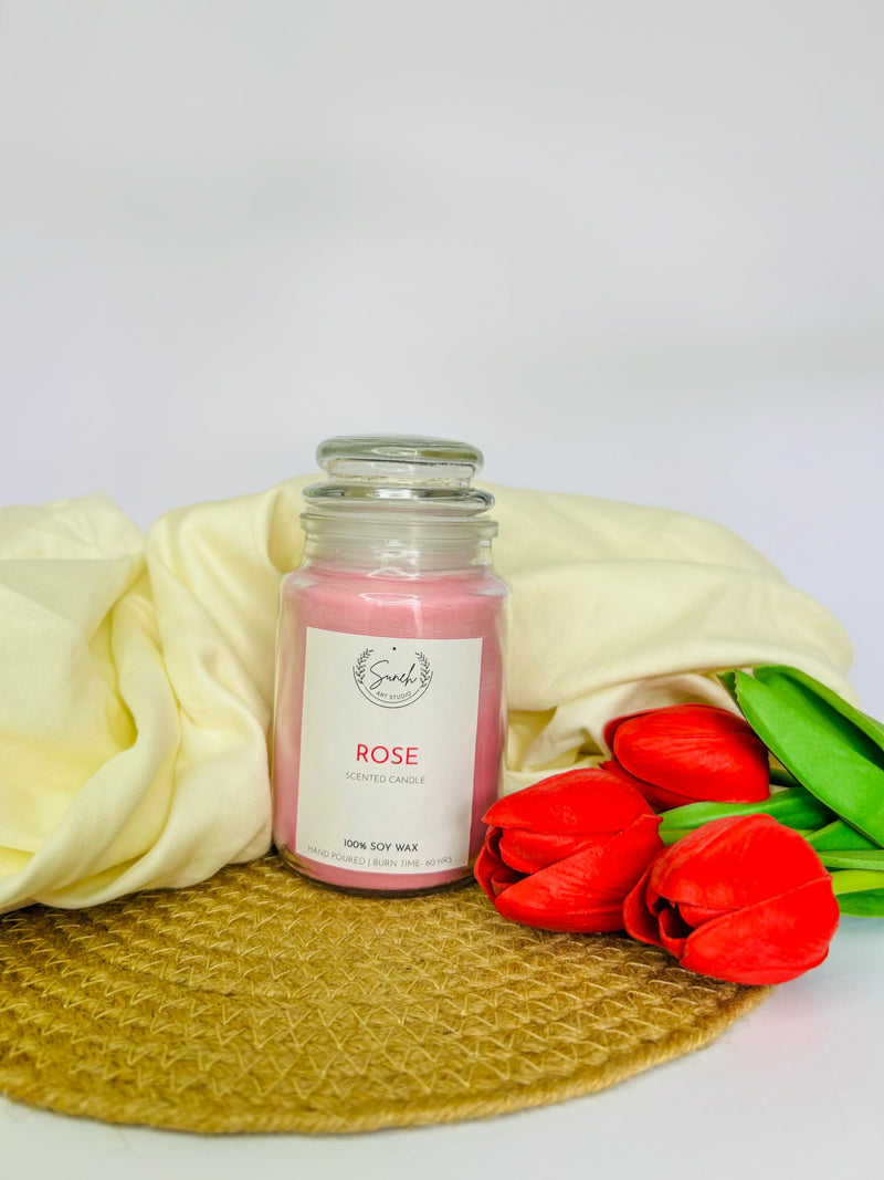 Suneh Aroma Candles Set of 3 Scented Aromatic Fragrance of Rose for Gifting & Home Decor, Votive Glass Jar Candle, 350 Gms Each,Up to 60 Hours Burn Time