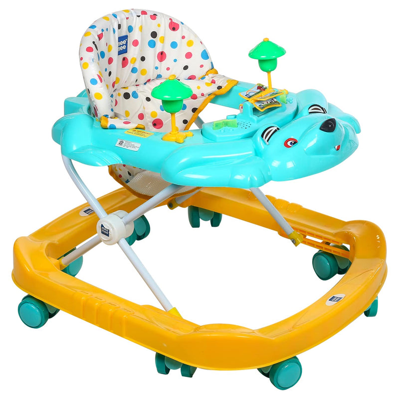 Mee Mee 360° Baby Activity Walker | 3 Level Adjustable Height, Foot Mat, Musical Detachable Toy Bar | Anti-Rollover Folding Walker for Boys, Girls, Kids | 6-18 Months 15kg (Green)