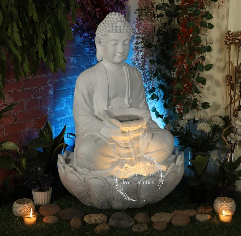 TENDENCE DECOR Garden Fountain with LED Light, Buddha Statue, Decorative Water Feature, Buddha Kamal Fountain 3 FEET FIBER (UNBREAKABLE)