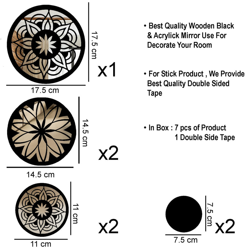 VAH- Kya Bat Hai !! 7 Black Mandala Design Round Wooden Acrylic Mirror Wall Sticker for Home Decoration