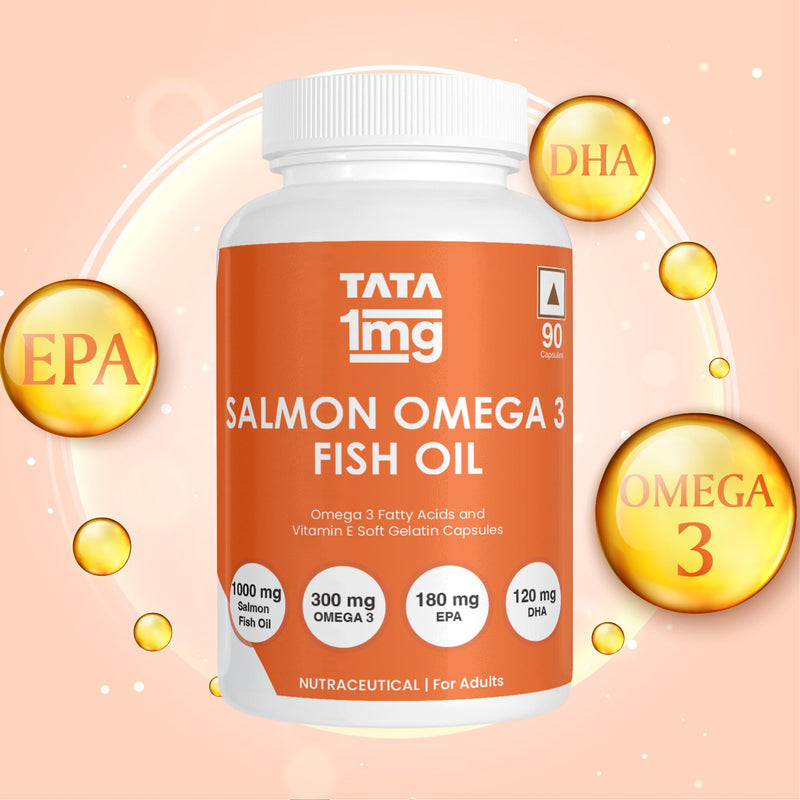 TATA 1mg Salmon Omega 3 Fish Oil 1000mg, Fish Oil Capsule with Omega-3 (1000mg), EPA (180mg) & DHA (120mg) for Brain, Heart, Joints Health (Pack Of 90 Capsules)