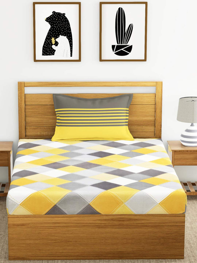 Ahmedabad Cotton 144 TC Cotton Single Bedsheet with 1 Pillow Cover - Yellow and Grey