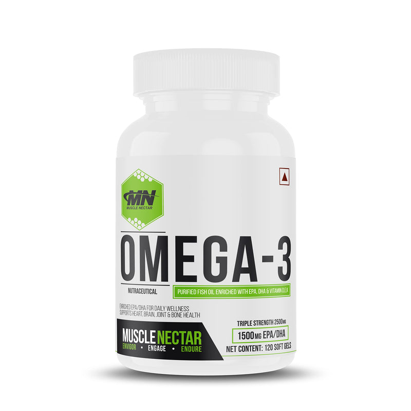 Muscle Nectar (MN) Omega 3 Fish Oil Triple Strength 2500mg for Men & Women - Molecularly Distilled (1500mg EPA/DHA) (120 Soft gels)