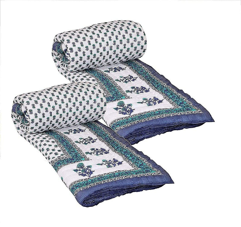 SVT Traditional Famous Jaipuri Beautiful Floral Print in White Blue& Green Jaipuri Rajai/Razai/Quilt Single/Single Bed Quilt/Comforter/AC Quilt/AC Comforter(Set of 2)