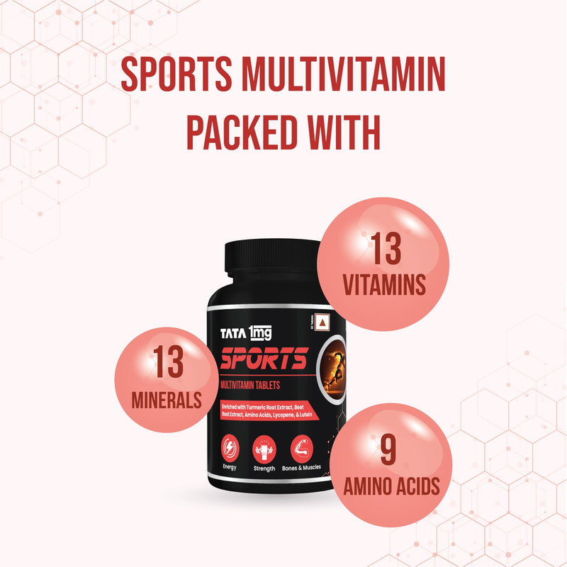 Tata 1mg Sports Multivitamin | With Zinc, Vitamin C, Vitamin D, Calcium and Iron,Supports Energy,Immunity,Performance & Stamina | Pack of 60 Tablets