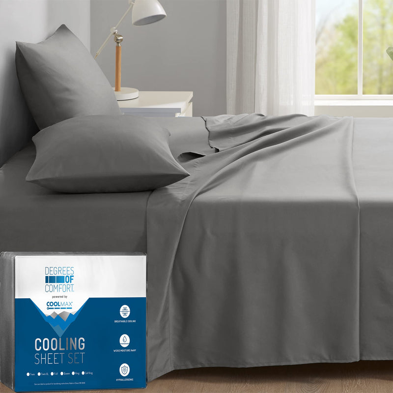 Degrees of Comfort Coolmax Cooling Sheets for King Size Bed | Best Sheet Set for Hot Sleepers | Soft, Deep Pocket, Grey, 4-Pcs