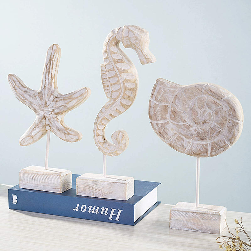 Creproly 3Pcs Modern Wood Sculpture Home Decor Statue Starfish Conch Seahorse Figurines Beach Nautical Style Table Sculptures Home Decor