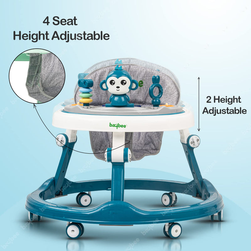 Baybee Drono Baby Walker for Kids, Round Kids Walker with 4 Seat Height Adjustable | Foldable Activity Walker for Baby with Food Tray & Musical Toy Bar | Walker Baby 6-18 Months Boys Girls (Blue)