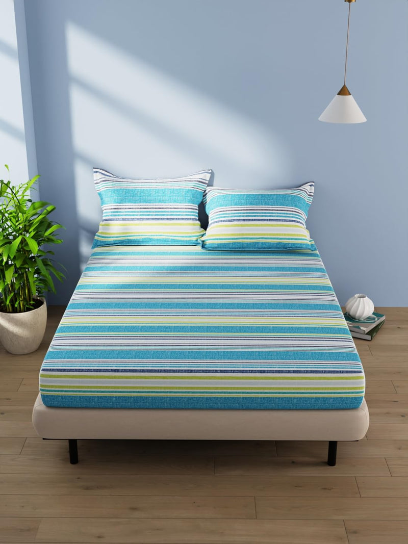 Bianca Serina 100% Cotton Double Bedsheet with 2 Pillow Covers Set | Queen Size Bedsheet – 90 x 100 in, 224 x 254 cm | 144 TC | Stripe-Blue/Multi