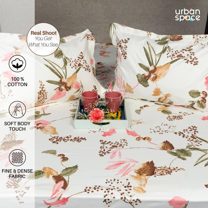 Urban Space Regal 100% Percale Cotton 200 TC Printed Bedsheet for Single Bed with 1 Pillow Cover (Size 58 x 90 inches, Cherry Blossom-Peach)