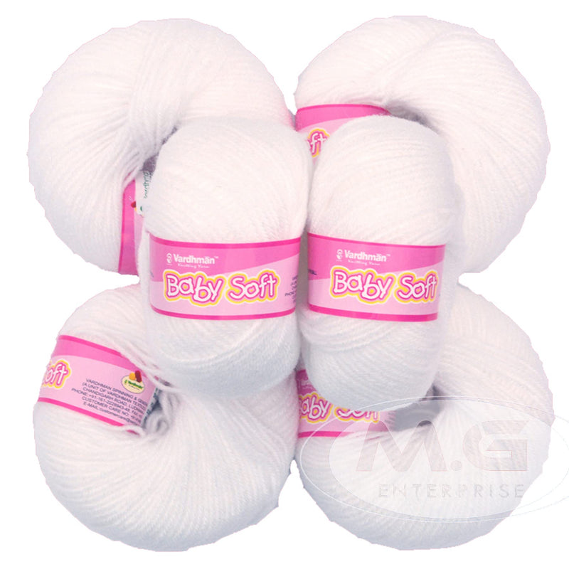 Vardhman Baby Soft Wool Hand Knitting Fingering Crochet Hook Yarn Thread Dyed (White) - Pack of 6