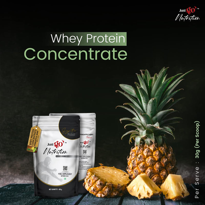 JUST GO NUTRITION 100% Whey Protein Concentrate| 23g Protein(15 servings) with Digestive Enzymes and No Added Sugar| Quality Protein for Muscle Building|450g (Pineapple Mint) (IMPORTED INGREDIENTS)