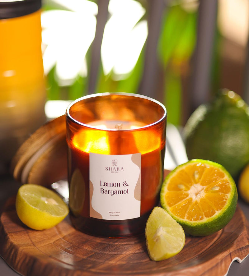 SHARA SCENTS | Long Lasting Scented Candles | Soy Wax Aromatherapy Candles | Vegan & Non-Toxic (Lemon and Bergamot, 180g)