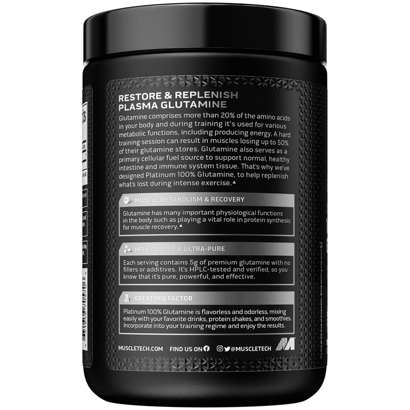 MuscleTech Essential Series Platinum Glutamine Ultra - pure Replenish Plasma Glutamine Sports Nutrition Non - Stimutant Formula Powder - 300 G (10.58OZ)