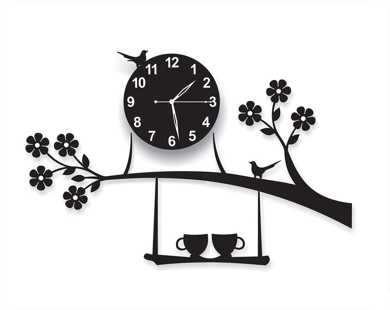 invision1 Plastic 3D Acrylic Tree Birds Coffee Cup On Jhula Design Wall Clock (Black, 69.9 x 41.9 x 1.3 cm) Analog