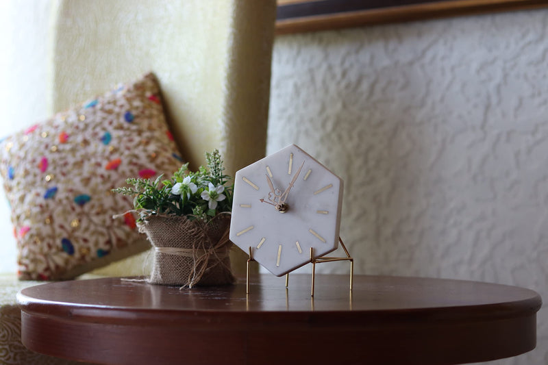 MARMEX Brand || Marble Brass Table Clock | Hexagon Shape II