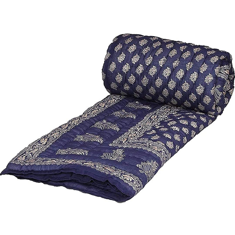 THROW KING Rajasthani Reversible Hand Made King Size Pure Cotton Soft and Cozy Light Weight Single Bed Jaipuri razai,Quilt,Blanket,Dohar,Duvet-Blue