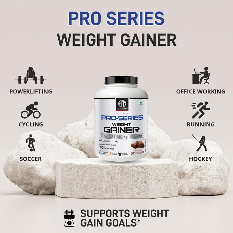 MuscleTrail Pro Series Weight Gainer Powder | (Chocolate, 3kg) | 15g Protein, 414 Calories, 75g Carbs, High in Calories for Weight gain