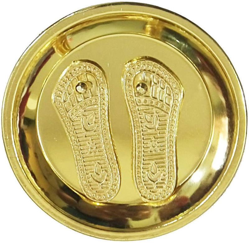 BANSIWAL Golden Laxmi Charan Paduka for Laxmi with Plate and Diwali Pooja Decorative Showpiece - 4 cm (Brass, Gold)