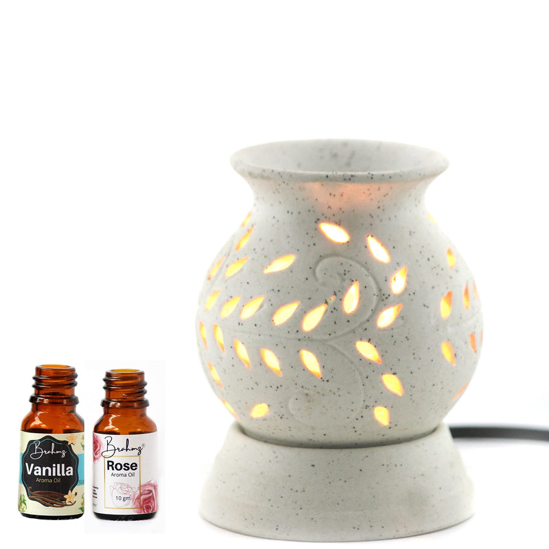 BRAHMZ Ceramic Electric Aroma Oil Diffuser With Bulb /Electric Diffuser Matki Shape (White - With 10Grams Rose And Vanilla Aroma Oil)