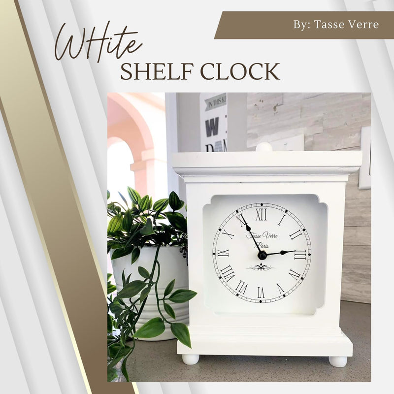 Tasse Verre Wood Clock for Shelf Table Or Desk 9"x7" - Farmhouse Decor White Mechanical Quiet Silent - Office, Bedroom Fireplace Mantel Living Family Room. AA Battery Operated Non-Digital