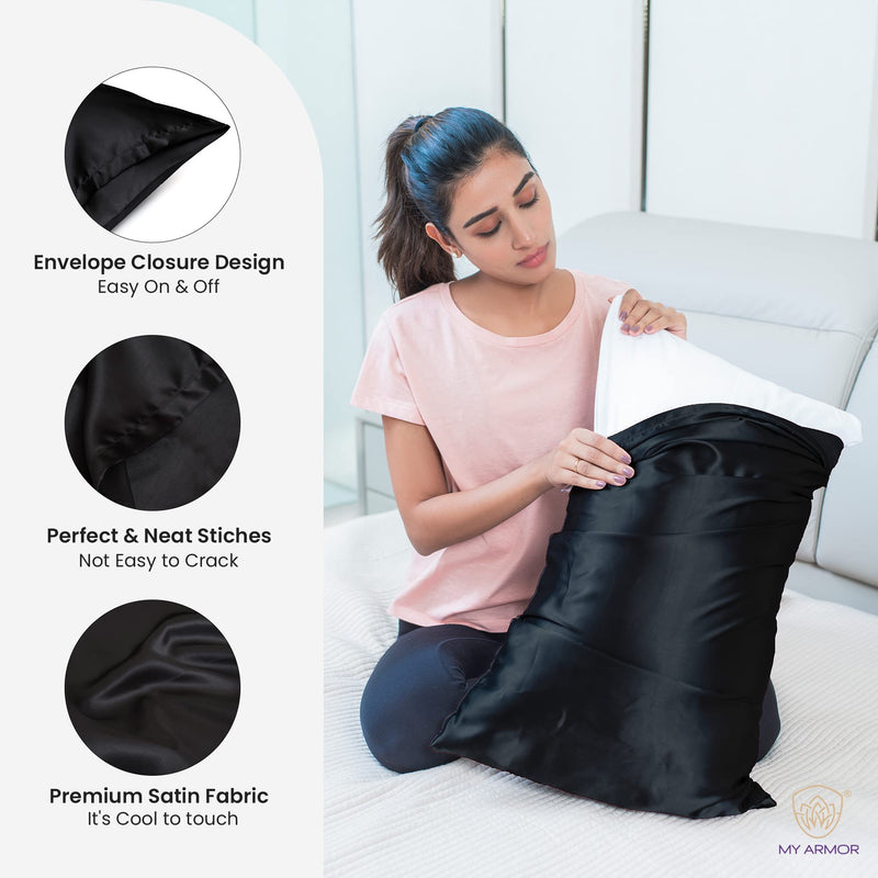 MY ARMOR Premium Satin Silk Pillow Covers for Hair and Skin for Women | 18" x 28" Silk Pillow Cases (Pack of 2) - Black