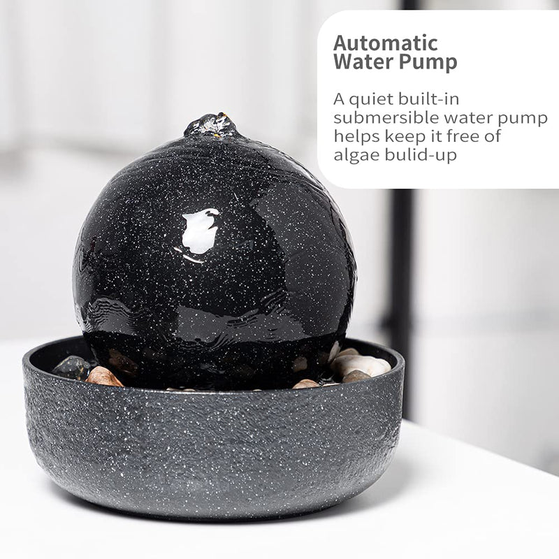 CASLONEE 7.5 Inch Tall Indoor Relaxation Tabletop Ball Fountain with LED Light and Stone Home/Office Decoration Meditiation Water Resin Foundtain Desktop Fountains