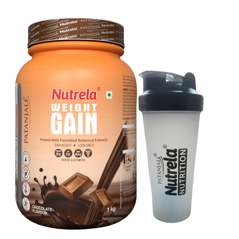 Nutrela Weight Gainer - 1kg With FREE Shaker | 20g Protein, 66.8 Carbs & 3834gm Calories | Ideal for Athlete, Men, Women & Kids - chocolate flavor