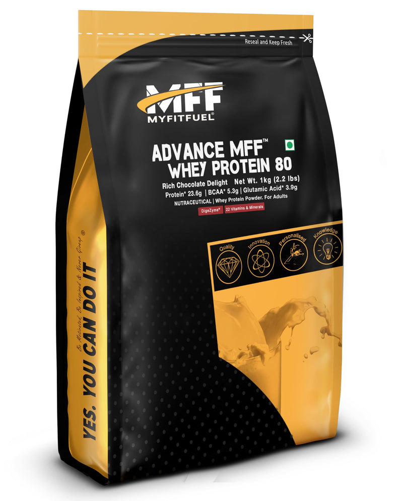 MyFitFuel Advance MFF Whey Protein 80, Whey Concentrate 80% With Digestive Enzymes and Multi Vitamins | 1 Kg, 28 Servings (Rich Chocolate Delight)