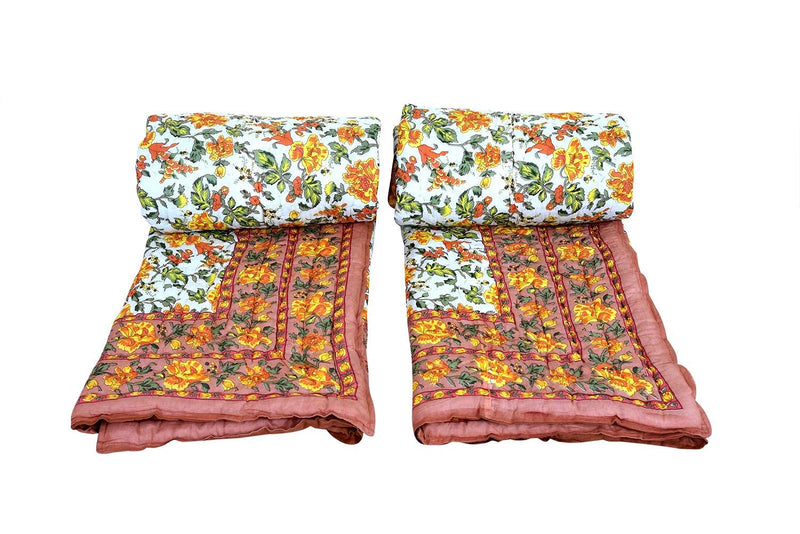 SIBLEY 220 TC Cotton Single Bed Razai/Quilt Hand Stiched Jaipuri rajai Set of 2 - Beige (85X55 INCH)