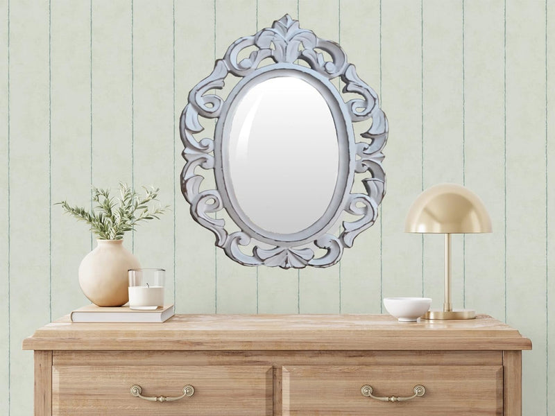 WILDWOOD Wood Wall Mirror, Oval Hanging Mirror, Original Antique Design, Hallway, Bathroom & Living Room White (12x18 Inch)