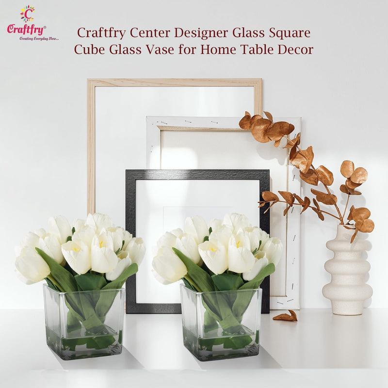 Craftfry Center Designer Glass Square Cube Glass Vase for Home Table Decor Clear Glass Vase (4x4) - Pack of 2