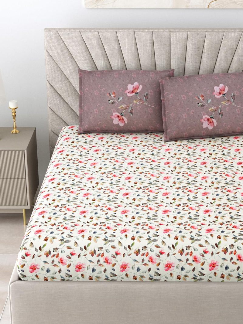 Salona Bichona Pink & Cream Floral Printed Cotton 300 Tc King Size Bedsheet with 2 Pillow Covers