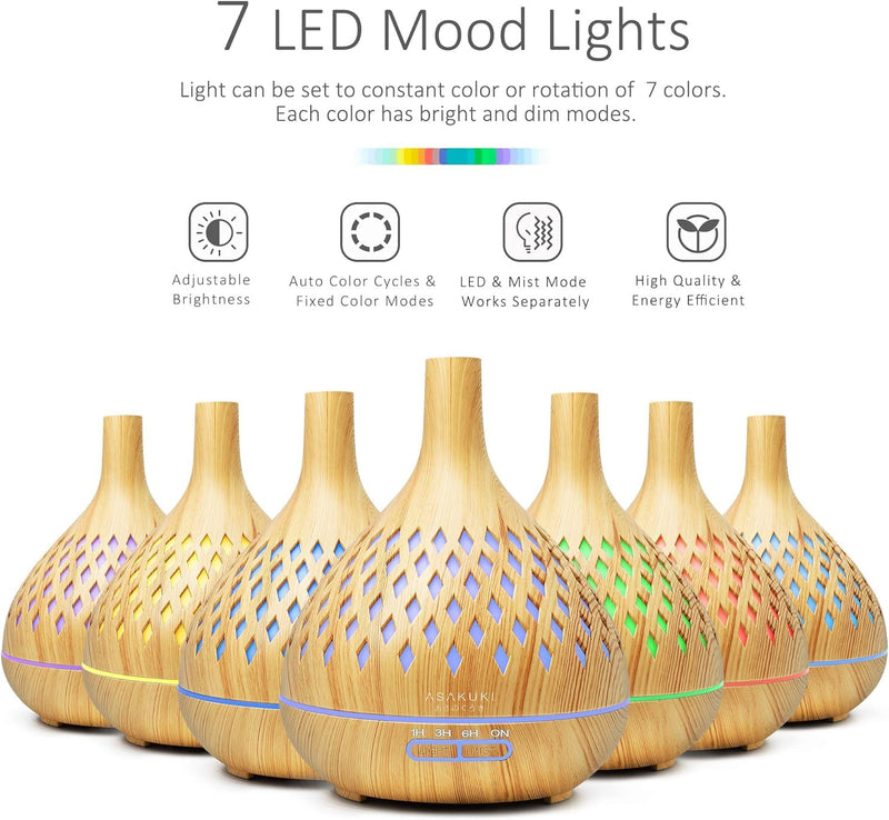 ASAKUKI Essential Oil Diffuser, 400ml Cool Mist Humidifier, 16 Hours Operation Aroma Diffuser with Waterless Safety Switch & 14 LED Colors-Yellow