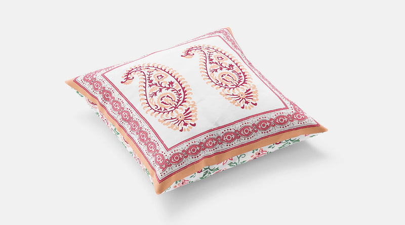 BLOCKS OF INDIA Hand Block Printed Cotton Cushion Cover (16 X 16 Inches) (5, Peach Paisley), 250 TC