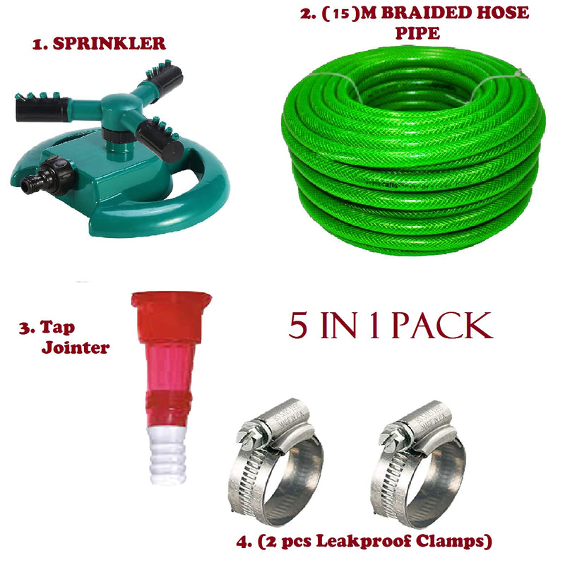 EPISKEY® Pipe And Sprinkler Set Automatic Garden Sprinkler 360 ° Rotating Adjustable Water Sprinkler Set With heavy Duty Braided 15 Meter hose Pipe,jointer, and 2 pcs leakProof Clamps for Plant Irrigation and Kids Playing