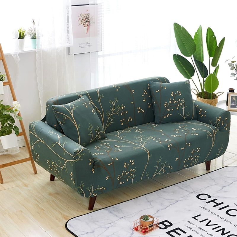 KRISHYAM®Stretch Sofa Covers 3 Seater Couch Cover Printed Sofa Slipcovers for Couches Non-Slip Stain-Resistant Patterned Soft Fabric Sofa Cover Furniture Protector (Green with Print)