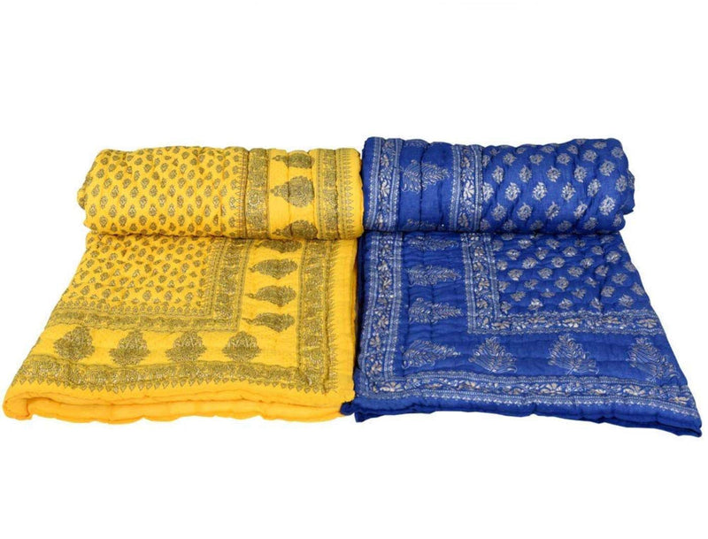 HOPEE Shop 400 TC Jaipuri Razai Soft Light Weight Original Pure Cotton Winter and Summer Rajasthani Traditional Jaipuri Ac Quilt Rajai/Razai/Quilt Single Bed, Set of 2 (Blue and Yellow Golden)