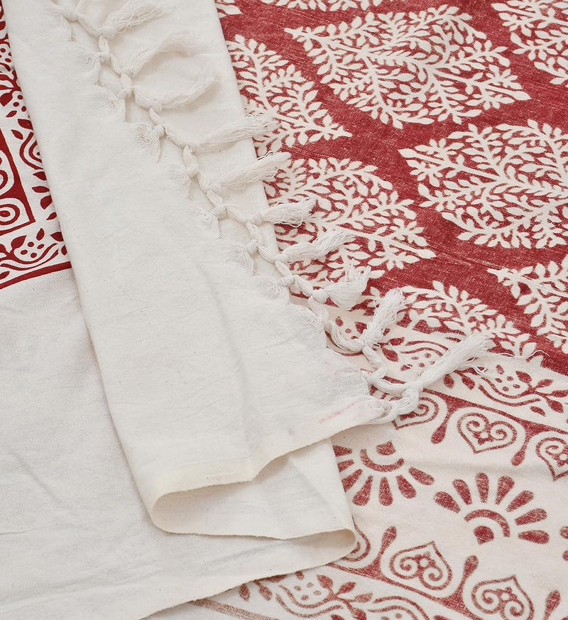 BSB HOME 100% Cotton Handloom Indian Khadi Bedsheet with Traditional Block Print Jaipuri Designs Handmade Woven Striped 90 x 100 inch 210 Threadcount -Red and White