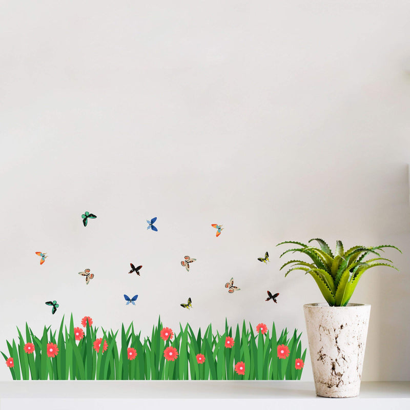 Sticker Hub Green Grass Wall Corner Stickers Flowers Butterflies Baseboard Skirting Line Self Adhesive Sticker (Pack of 1)