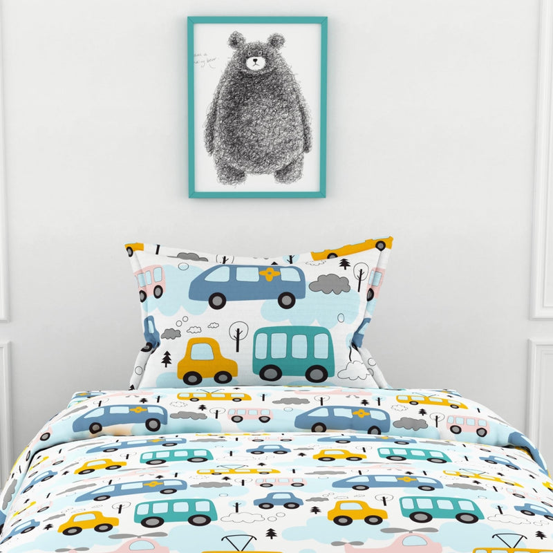 LORETO – A QUALITY LINEN BRAND 100% Cotton Bedsheet for Single Bed, 1 Single Bedsheet with 1 Pillow Cover | 144 TC Kids Single Bedsheet Cotton, Bubblegum Blue Bus & Banana Yellow Cars